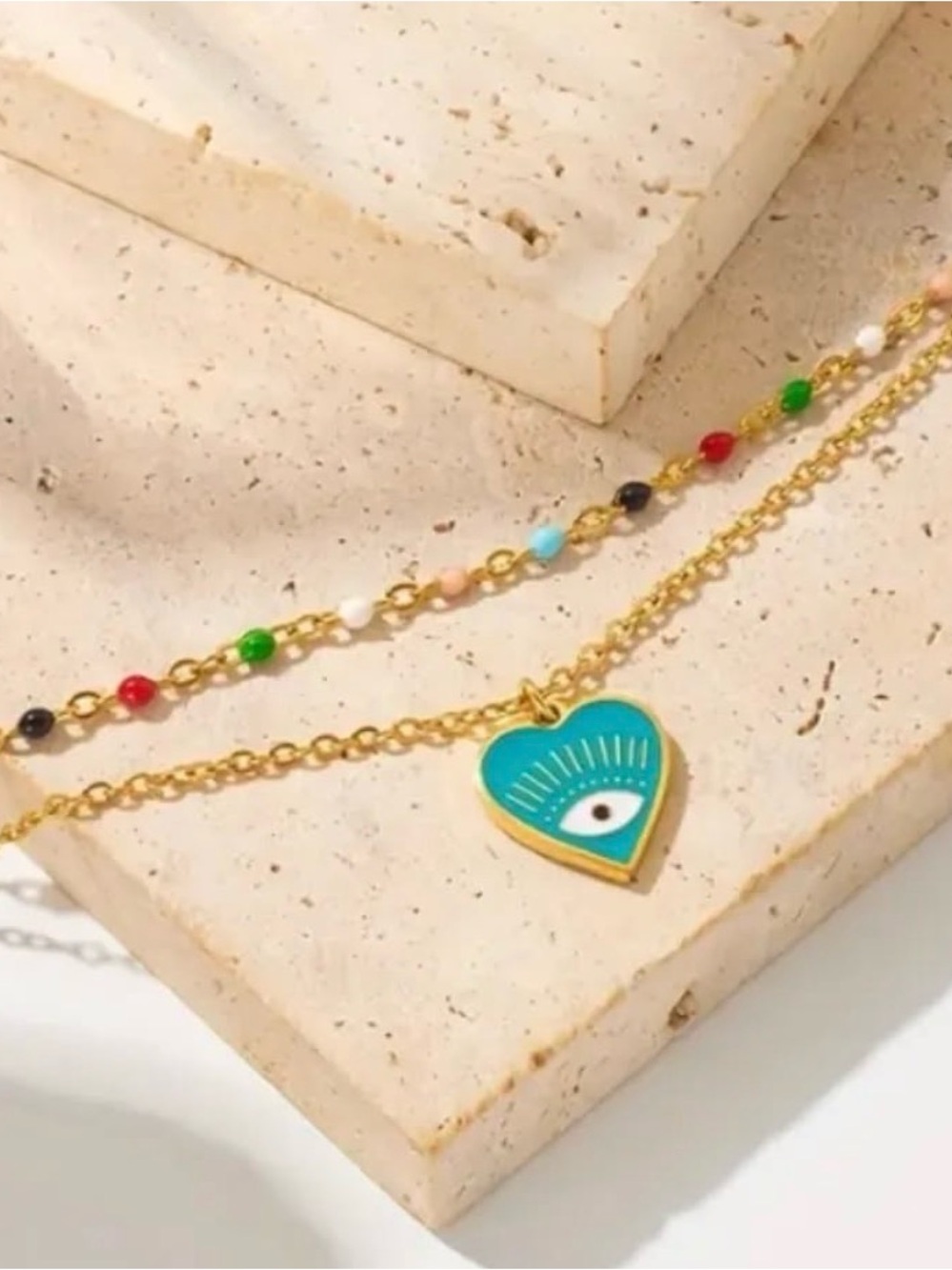 Gold Layered Bracelet with Turquoise Heart Evil Eye Pendant